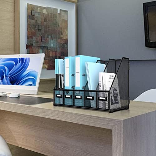 SUPEASY Desk Organizers Metal Desk Magazine File Holder with 16''x12''x12'' 5 Vertical Compartments Rack File Organizer for Office Desktop, Classroom, Home Workspace, Black Plus