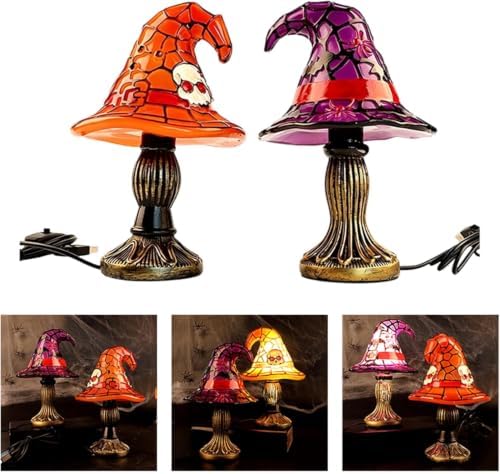 Stained Glass Witch Hat Lamp, Handcrafted Resin Halloween Witch Lamp (Purple2)