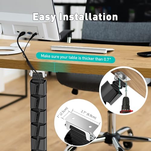 Heavy Duty Screw-in Cable Management Spine, 4-Channel Under Desk Vertebrae Cord Organizer for Wood & Laminate Standing Desks, Adjustable Floor-to-Desktop Wire Raceway with Weighted Base