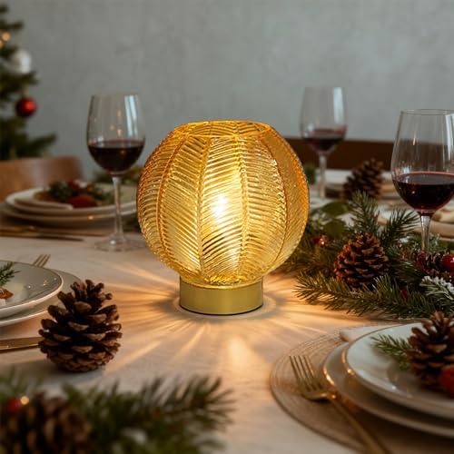 LUSHARBOR Battery Operated Decorative Glass Table Lamp with Timer Gold