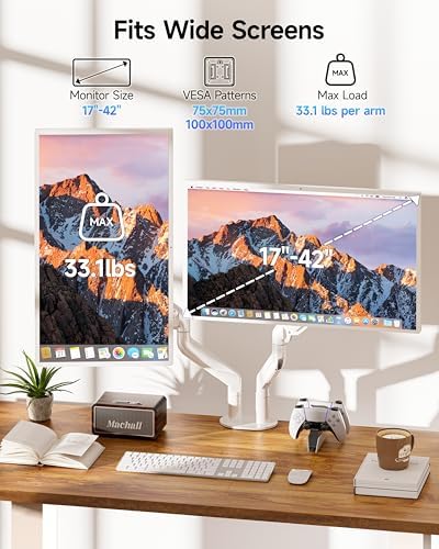 BIZUM Dual Monitor Stand for 17″-42", Heavy Duty Ultrawide Monitor Arm Dual-Monitor Mount VESA Mount with Clamp/Grommet Base, Holds 33.1lbs per Arm, White