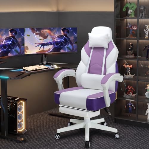 Gaming Chair Ergonomic Computer Gaming Chairs with Footrest, Massage Lumbar Support, Height Adjustment, and 360° Swivel Seat (Purple)