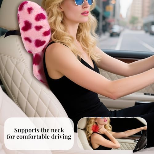 2 Pack Bow Car Headrest Pillow Comfortable Soft Plush Head Rest Cushion, Neck Pillow for Driving Office Use and Car Interior Decoration (Pink Heart)