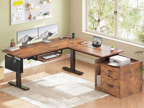 SEDETA L Shaped Standing Desk with File Cabinet, 3 Drawers, Power Outlet