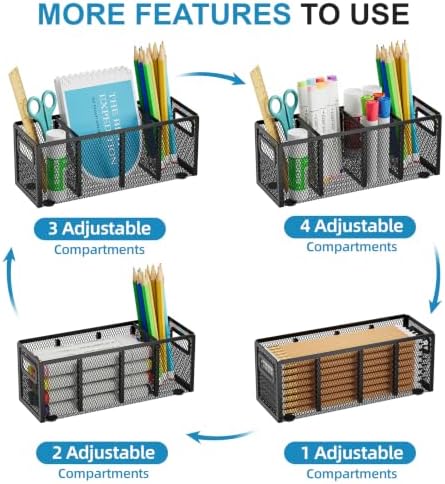 Marbrasse Mesh Pen Holder for Desk, Pencil Holder Desk Organizer 3 Adjustable Compartments, Pencil Cup with Handle Perfect for Classroom, Office, Home, Makeup, Art (4 Compartments - Black)