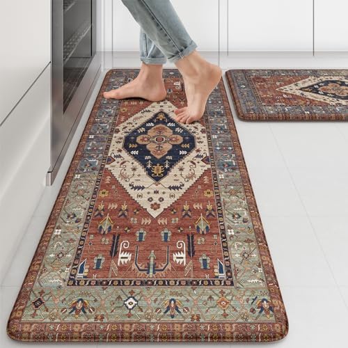 KIMODE Farmhouse Kitchen Mats, Anti Fatigue Kitchen Rugs Sets of 2 Red