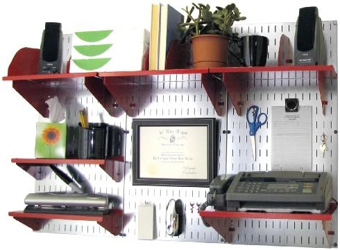 Wall Control Office Organizer Unit Wall Mounted Office Desk Storage and Organization Kit Metallic Slotted Wallboards and Red Accessories
