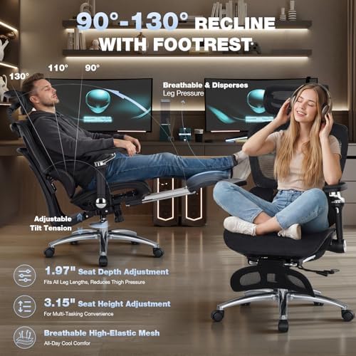 MALOL Ergonomic Office Chair, 400lbs High Back Mesh Desk Chair with 6D Armrests, 3D Headrest, Adjustable Lumbar Support, Seat Depth Adjustment, Tilt Lock, Metal Base & PU Wheels, Black