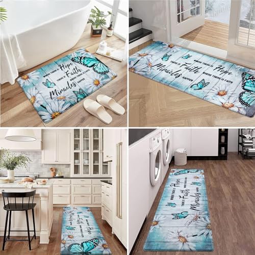 Likiyol Butterfly Floral Kitchen Mats for Farmhouse, Non Slip, Washable Anti Fatigue Mats - White Daisy Rugs, 18'' x 30'' + 18'' x 48'' + 18'' x 60''