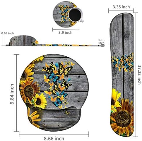 Keyboard Wrist Rest Pad and Mouse Pad Wrist Rest Support Set, Ergonomic Gaming Mousepad Durable Smooth Surface Non-Slip Base Sunflower Butterfly Design for Computer Laptop Home Office + Cute Coasters