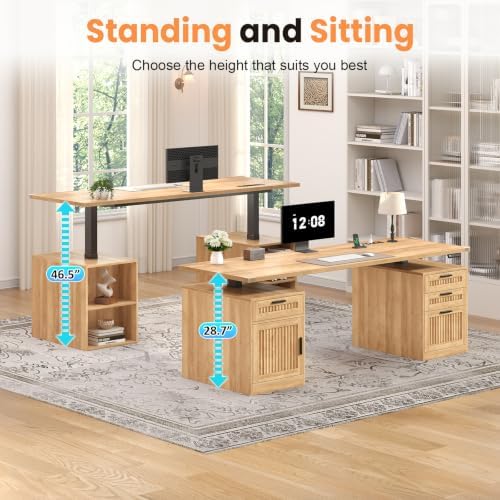 60" Fluted Electric Standing Desk with Drawers for Home Office, Oak