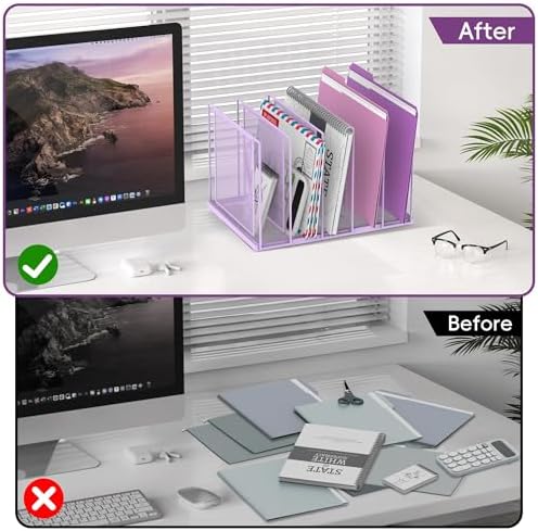 File Organizer for Desk, 5-Section Vertical File Sorter, Paper Holder Organizer Standing Metal File Folder for Office Home Classroom, Purple