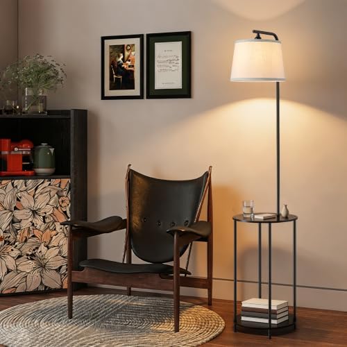 Floor Lamp with Table, 2-in-1 Side Table Floor Lamp with Linen Shade