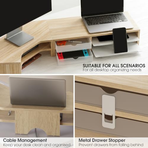 Fenge Dual Monitor Stand, Corner Desk Shelf with Drawer & Slide-Out Tray