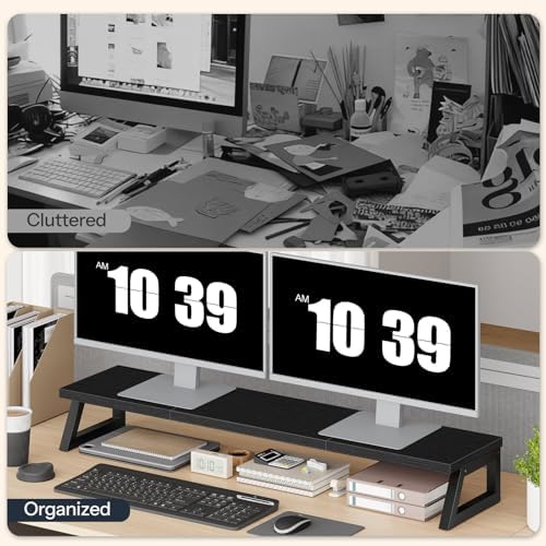 HOOBRO Dual Monitor Stand Riser, 39 Inch Large Computer Monitor Stand for 2 Monitors, Computer Monitor Riser, Desk Shelf Organizer for Office Desk, Accessories, Black BB121CJ01
