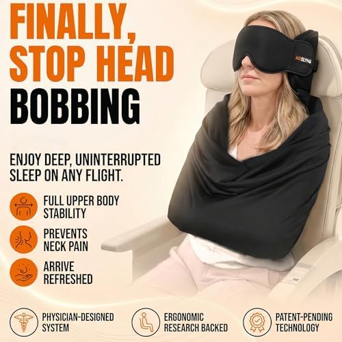 2 Pack 3-in-1 Airplane Sleep Support System - Plane Sleeping Accessories with Memory Foam Long Haul Flight Pillow, Adjustable Travel Eye Mask, and Blanket-Like Body Sling - Fits in Carry On