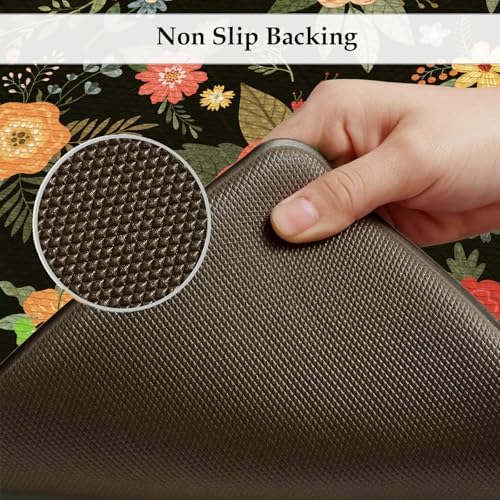 KIMODE Kitchen Mats Cushioned Anti Fatigue,Black Floral Kitchen Rugs Set