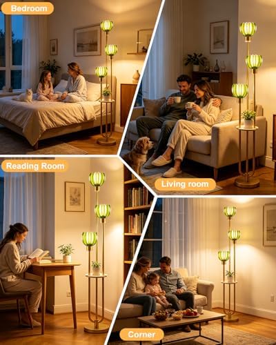 Lightdot Lotus Glass Floor Lamp with Shelf Green Flower Gold Floor Lamps