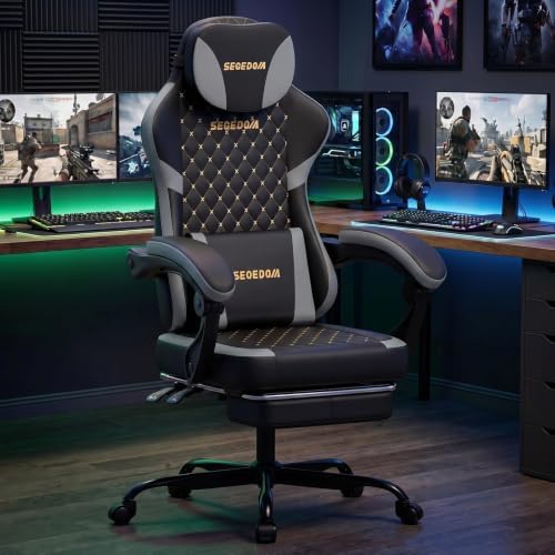Ergonomic Gaming Chair with Footrest & Massage Lumbar Pillow, Height Adjustable 360° Swivel Computer Chair, Linked Armrest & Headrest for Office Gaming (Black Grey)