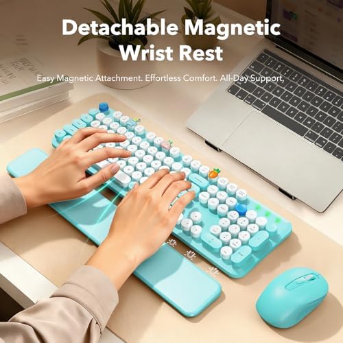 Wireless Keyboard and Mouse Combo, Round Keycap, Magnetic Wrist Rest, Blue