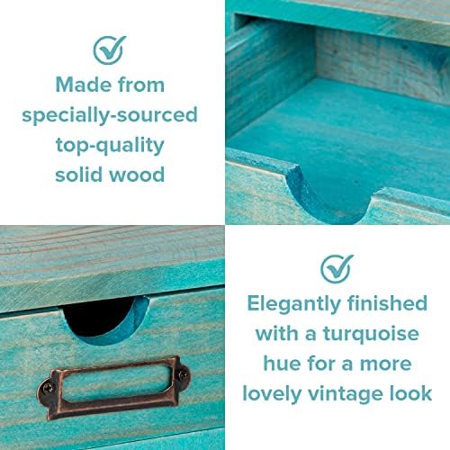 Turquoise 3-Tier Drawer Unit - European Country Style Desk Organizer Box - 9.7x7x7.5" Wooden Teal Stackable Drawers - Countertop Organizer Drawers w/Label Holder - Triple File Drawer Unit