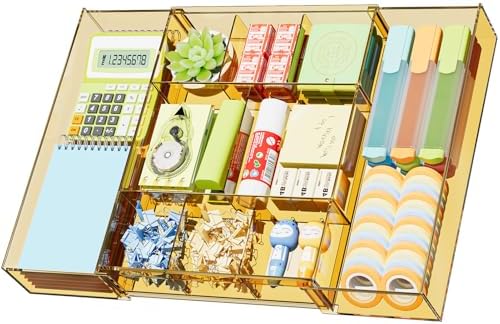Marbrasse Expandable Desk Drawer Organizer, Clear Plastic Drawer Organizer Tray with 10 Adjustable Compartments, Desk Organizers and Accessories, 5 Drawer Dividers for Office Supplies(Clear Champagne)