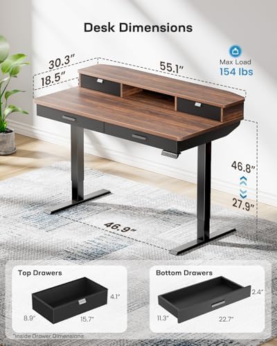 HUANUO 55 x 30 inch Electric Standing Desk with 2 Wood Drawers, Adjustable Height Sit Stand Desk for Home Office, Ergonomic Stand up Desk with 4 Memory Presets, 176 lbs Capacity, Walnut Top