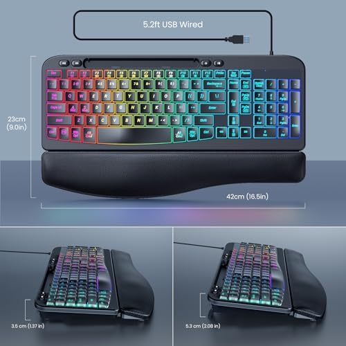 Ergonomic Keyboard, Wired Backlit Computer Keyboard with Wrist Rest, Black