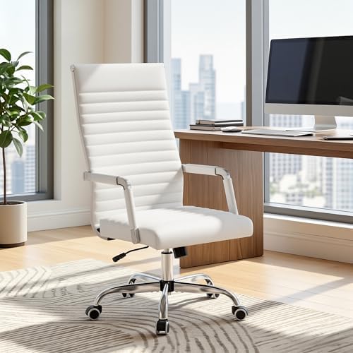 Furmax Ribbed Office Chair High Back PU Leather Executive Conference Chair Adjustable Swivel Chair with Arms (White)