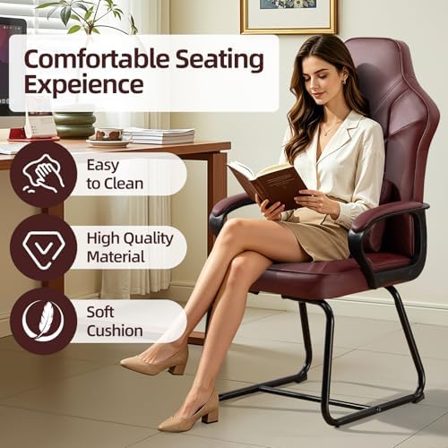 Leather Office Guest Chair No Wheels High Back Computer Reception Chairs with Padded Arms Waist Pillow for Gaming Meeting Conference Waiting Room, Red