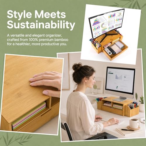 Hiceeden 2 Tier Bamboo Desktop Organizer, Desk Monitor Stand Riser with 1 Drawer and 2 Pen Holder, 2 Compartment Computer Desk Storage Organizer for Laptop, Printer