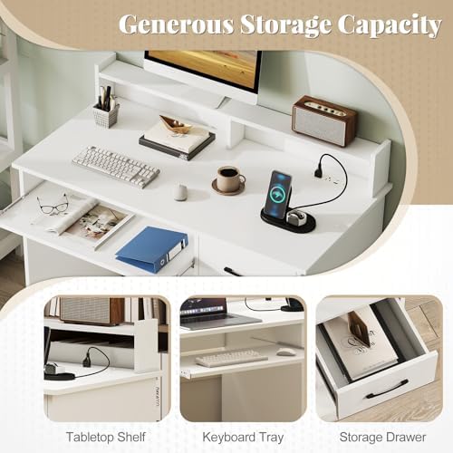 GIANTEX White Desk with Drawers, Modern Home Office Desk with Keyboard Tray, Monitor Stand & Adjustable Shelf, PC Laptop Table Computer Workstation, Study Writing Desk for Small Spaces, Bedroom
