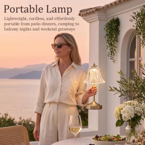 Cordless Table Lamp, Rechargeable Clear Glass Tulip Flower Touch Lamp