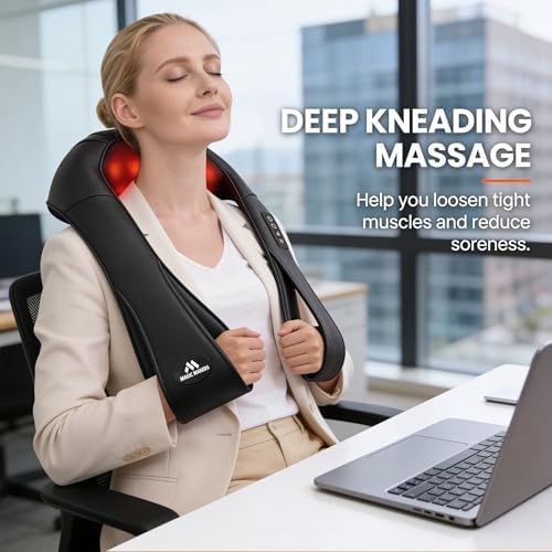 MagicMakers Shiatsu Neck Massager with Heat for Pain Relief, Leather Black