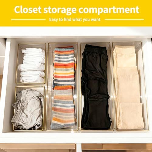 4 Pack Large Size Clear Stackable Drawer Organizer Trays, Gold Rim Makeup Drawer Storage Tray Divider, Desk Storage for Makeup, Jewelry, Bathroom, Stationary, Kitchen Utensils and Office Desk