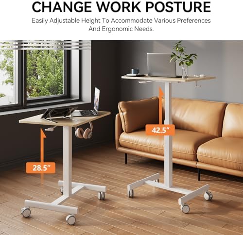 Mobile Desk on Wheels, Pneumatic Height Adjustable, Maple+White