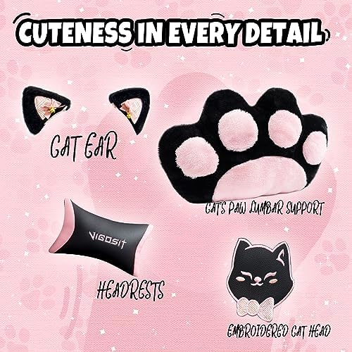 VlGOSlT Cat Ear Gaming Chair with Footrest - Adjustable Lumbar Support, 310lbs Capacity.Removable Cute Ears, Cotton-Filled Ergonomic Computer Chair for Girls/Teens (Black)
