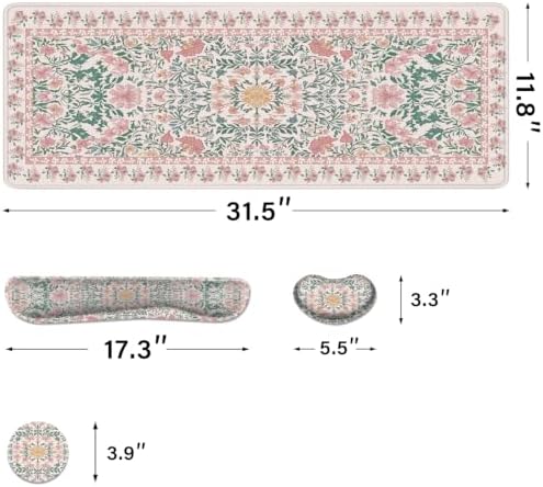 Desk Pad and Keyboard Wrist Rest, Large Mouse Pad + Keyboard Pad+Mouse Wrist Support, Non-Slip Desk Mat Protector for Office, Home 31.5×11.8 Inches Pink Floral
