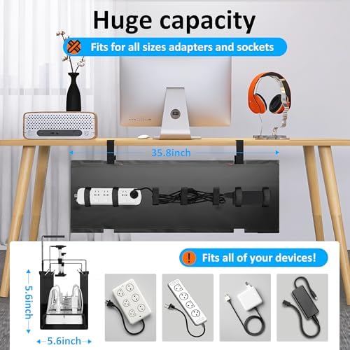Under Desk Cable Management Tray - Under Desk Cord Management - Clamp/Screw Mount - Fabric Wire Management - Cable Raceways Tray Cord Hiders for Office/Home (Black, 35.8"×5.6")