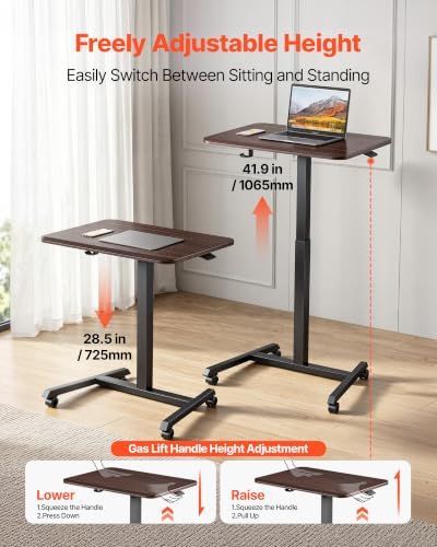 VEVOR Standing Desk, Adjustable Height Mobile Stand Up Desk with 4 Casters, 25.6 x 19 in Small Computer Sit Stand Rolling Workstation with Hook, 33 lbs Desktop Capacity, Ideal for Home Office, Brown