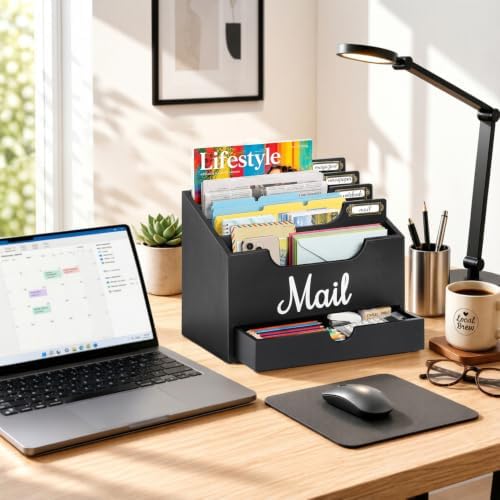 Rustic Wood Mail Organizer Countertop with Drawer, 4-Slot Removable Divider Mail Sorter, Black Desktop Mail Holder, Multi-Functional Bill File Stationary Organizer for Home Office Classroom