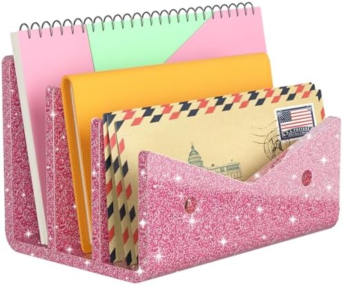 Mail Organizer Envelope Holder - 3 Compartments Glitter Pink Acrylic Mail Holder Countertop Vertical Desk Organizer Small File Bill Document Notebook Letter Sorter for Home School Office