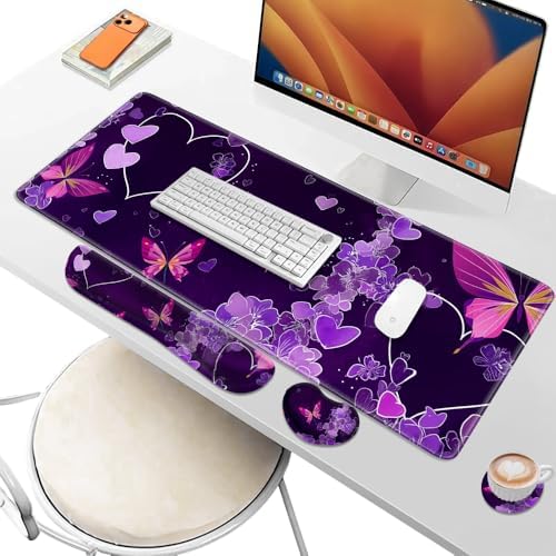 Desk Pad and Keyboard Wrist Rest, Large Mouse Pad + Keyboard Pad+Mouse Wrist Support, Non-Slip Desk Mat Protector for Office, Home 31.5×11.8 Inches Purple Butterfly