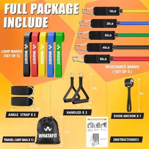 WHATAFIT Resistance Bands with Handles, 150 lb Exercise Bands Set