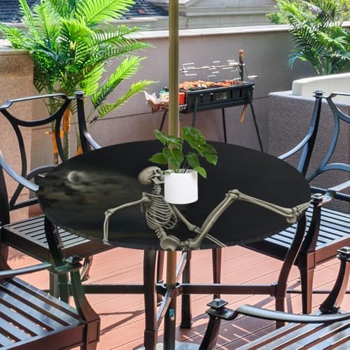 Outdoor Round Tablecloth with Hidden Umbrella Hole, Funny Skeleton Stretching Halloween Night Waterproof Table Covers with Elastic Zippered Machine Washable Table Cloths Mat 45-56 inch for Picnic