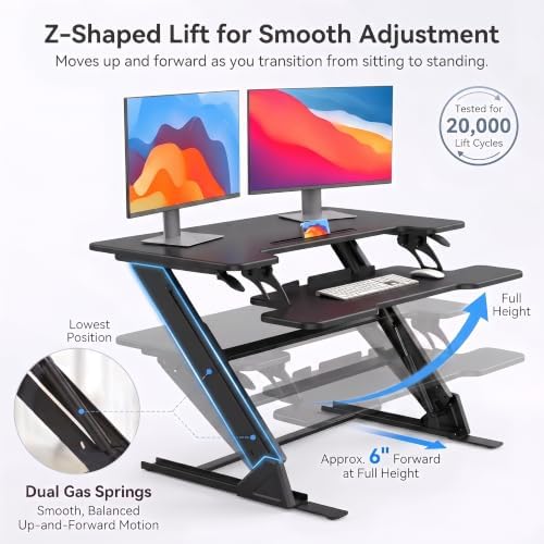 HUANUO 36" Z-Shaped Standing Desk Converter with Wide Keyboard Tray, Black