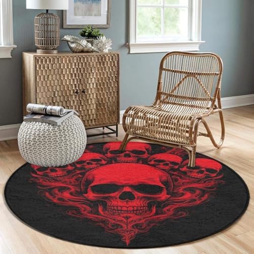 Women's Large Home Decor Mat, Soft Round Yoga Carpet, Non Slip Machine Washable Home Office Circle Rug Red Skull