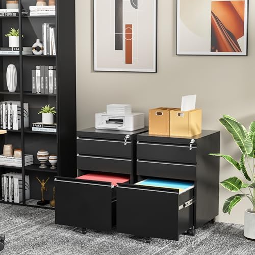 INTERGREAT 3 Drawer File Cabinet, Metal Filling Cabinets with Lock, Locking Office Mobile Cabinet with Wheels for Legal/Letter Size, Under Desk, Assembled, Black
