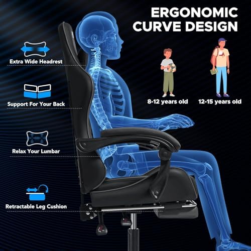 Gaming Chair with Massage Footrest Ergonomic Computer Chair for Boys-Grey