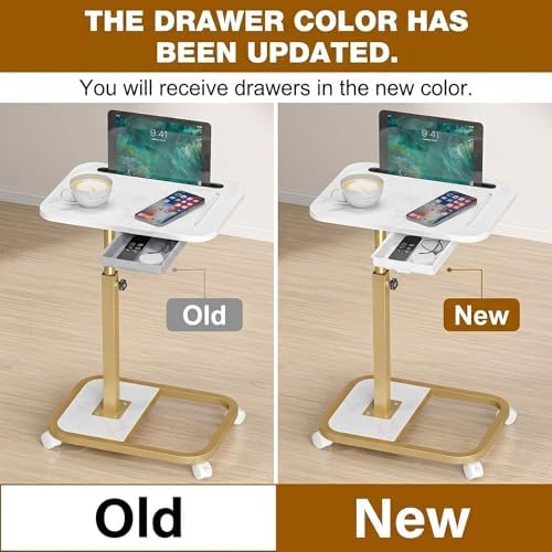 Adjustable Height TV Tray Table with Drawer, 360° Swivel C Shaped End Table, Rolling Couch Desk with Wheels, Side Tables for Living Room and Bedroom, Bed (Gold)